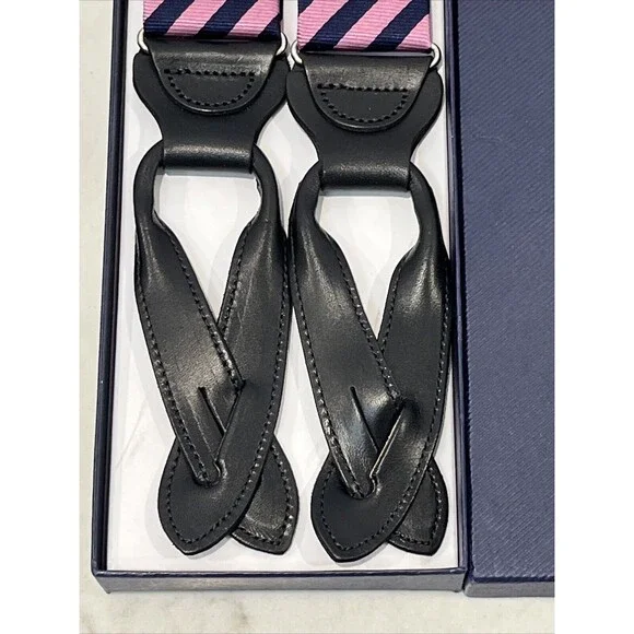 Brooks Brothers Pink Navy Diagonal Stripe Suspenders Braces Silk Leather Silver